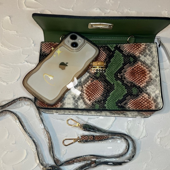 Designer inspired Python Embossed Clutch Convertible Bag, Bamboo Closure, Vegan - Picture 2 of 6